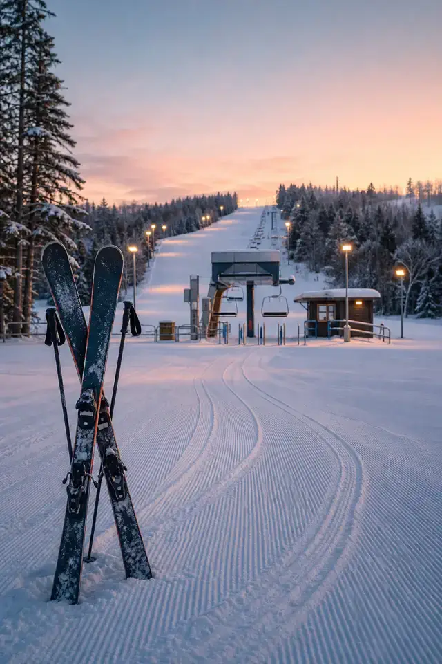 Skiers meeting near a snowy resort map