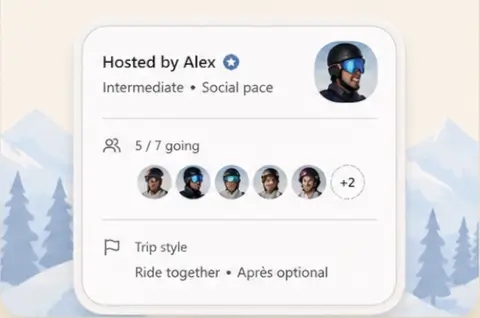 SkiCircle app preview showing host details, people going, and trip style.