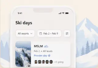 SkiCircle app preview showing ski-day filters and a ski-day card.