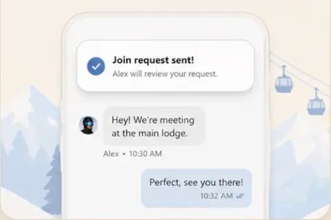 SkiCircle app preview showing a join request and trip chat.