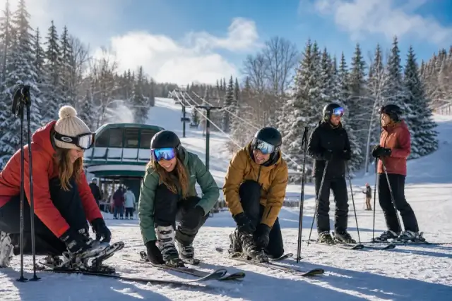 Skiers preparing together near the lifts